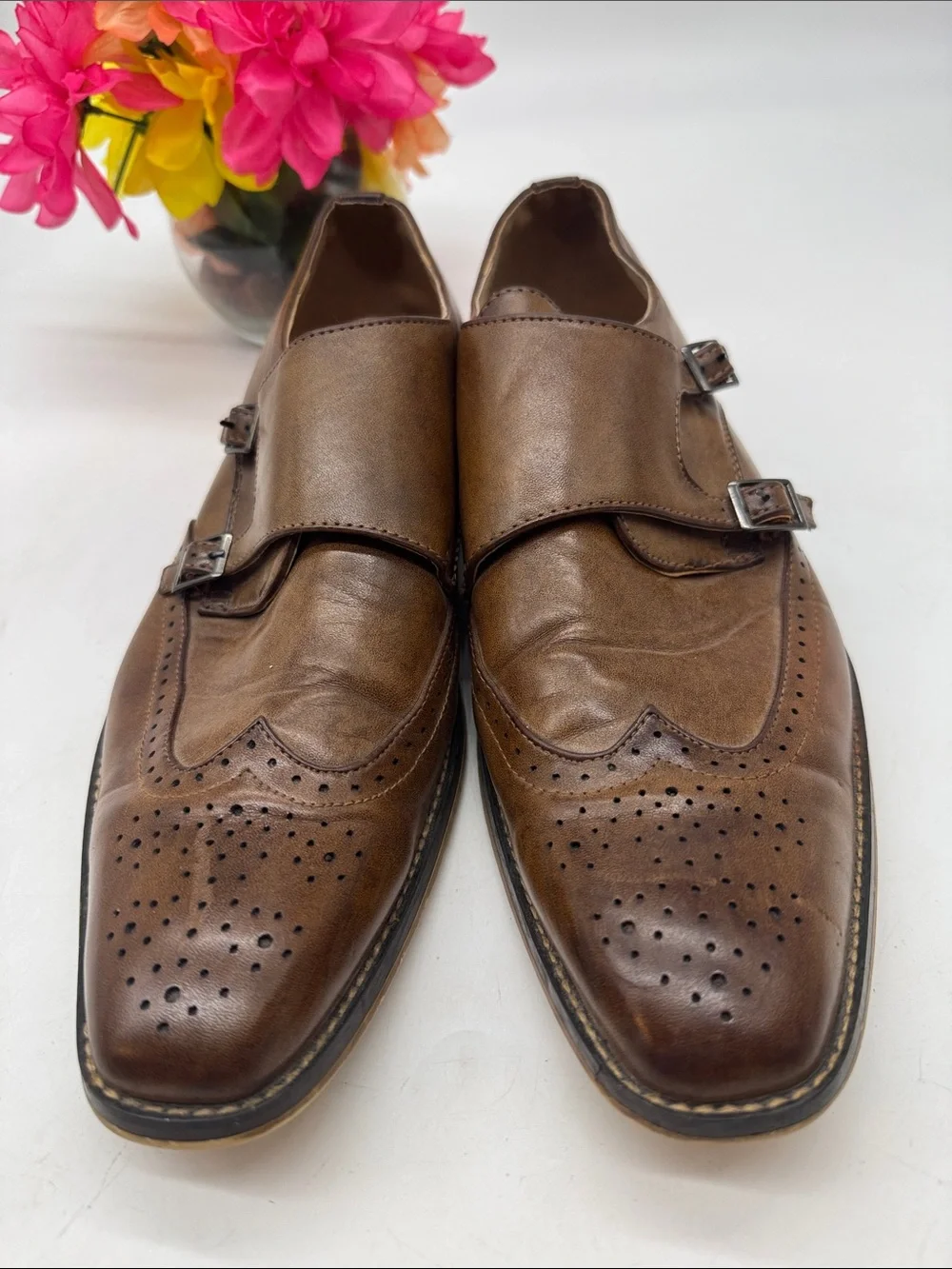 Gino Vitale Men's Double Monk Strap Brogue Dress Shoes - Brown Size 12 MS10120F